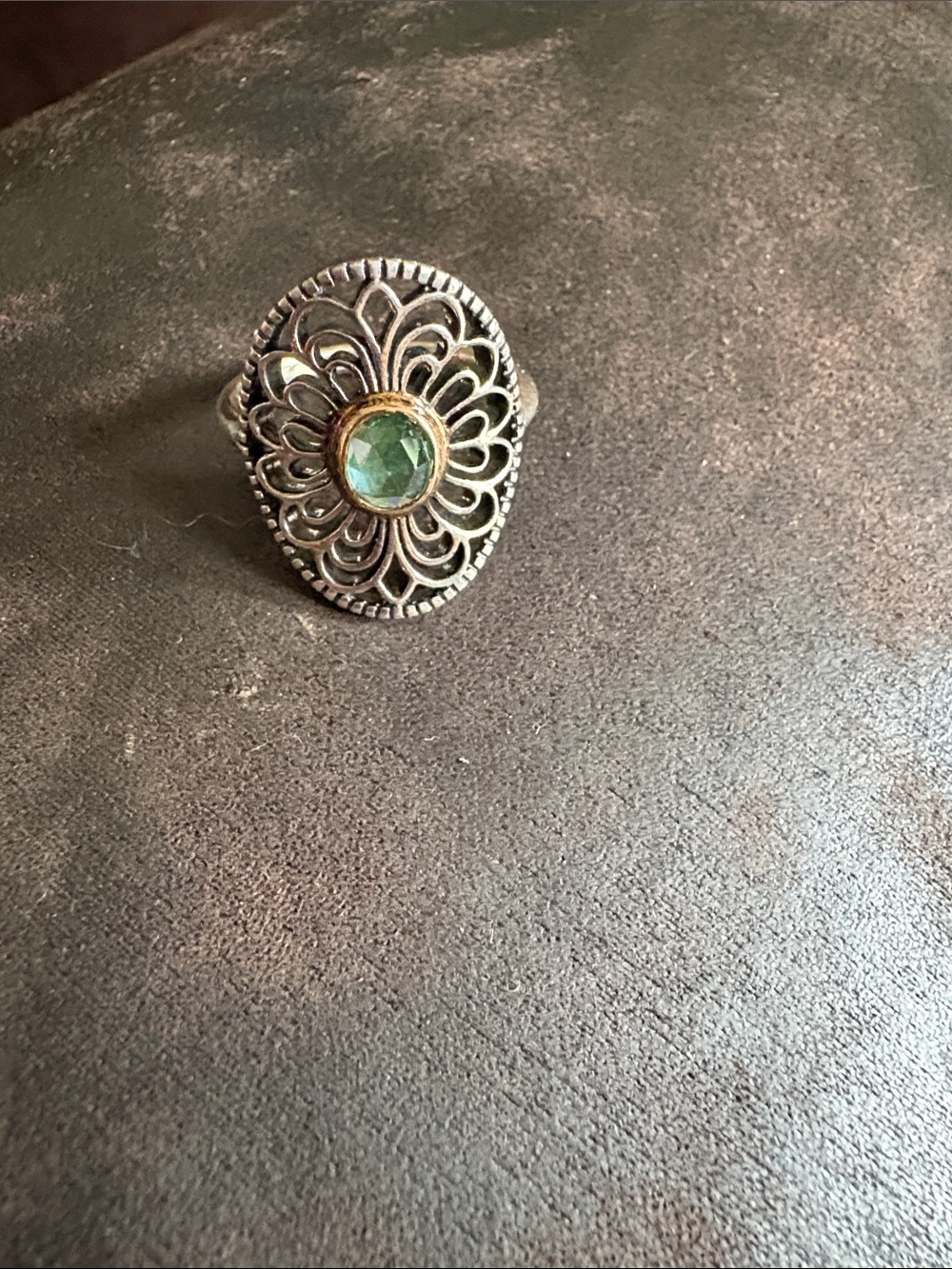 Pandora two tone Silver Ring with Green Gemstone